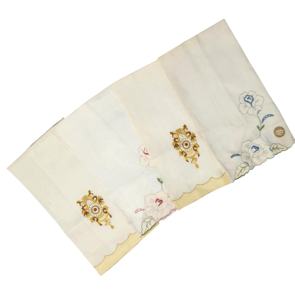 Set 4 Vintage Madeira Embroidered Hand Towels Tea Towels Fine Linen Unused